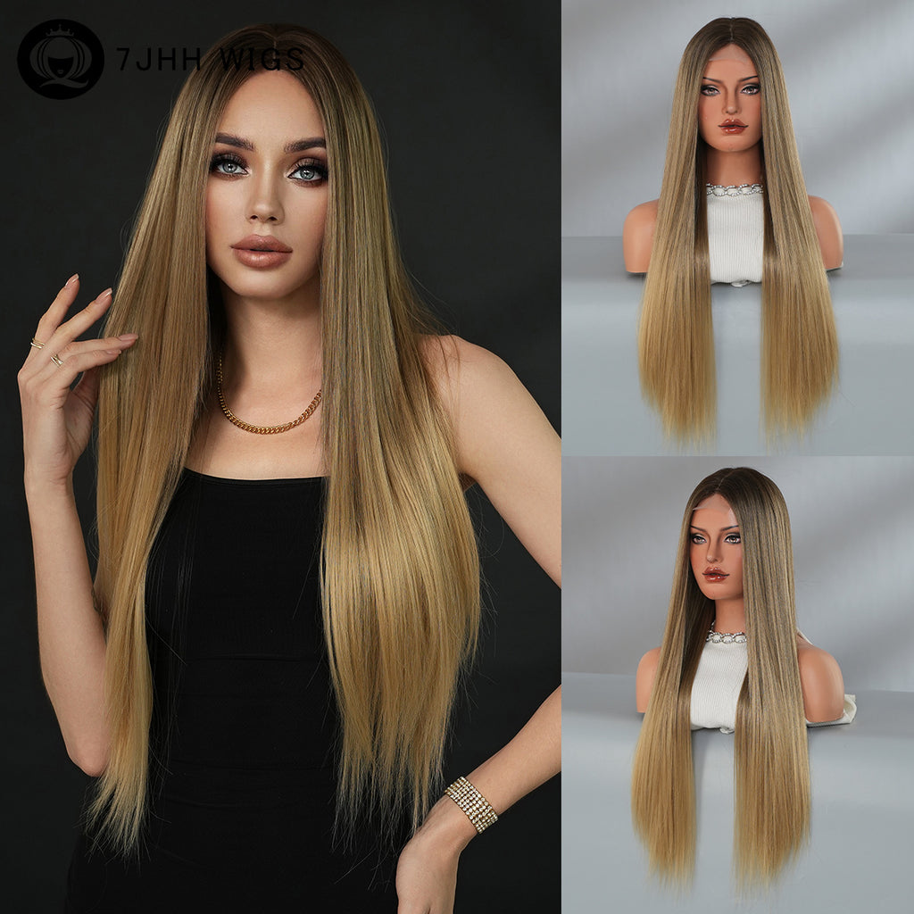 Black Super Long Blonde Gradient Lace Wig - Elite Lace Fronts (Middle Part Straight) (FEVERCOS)