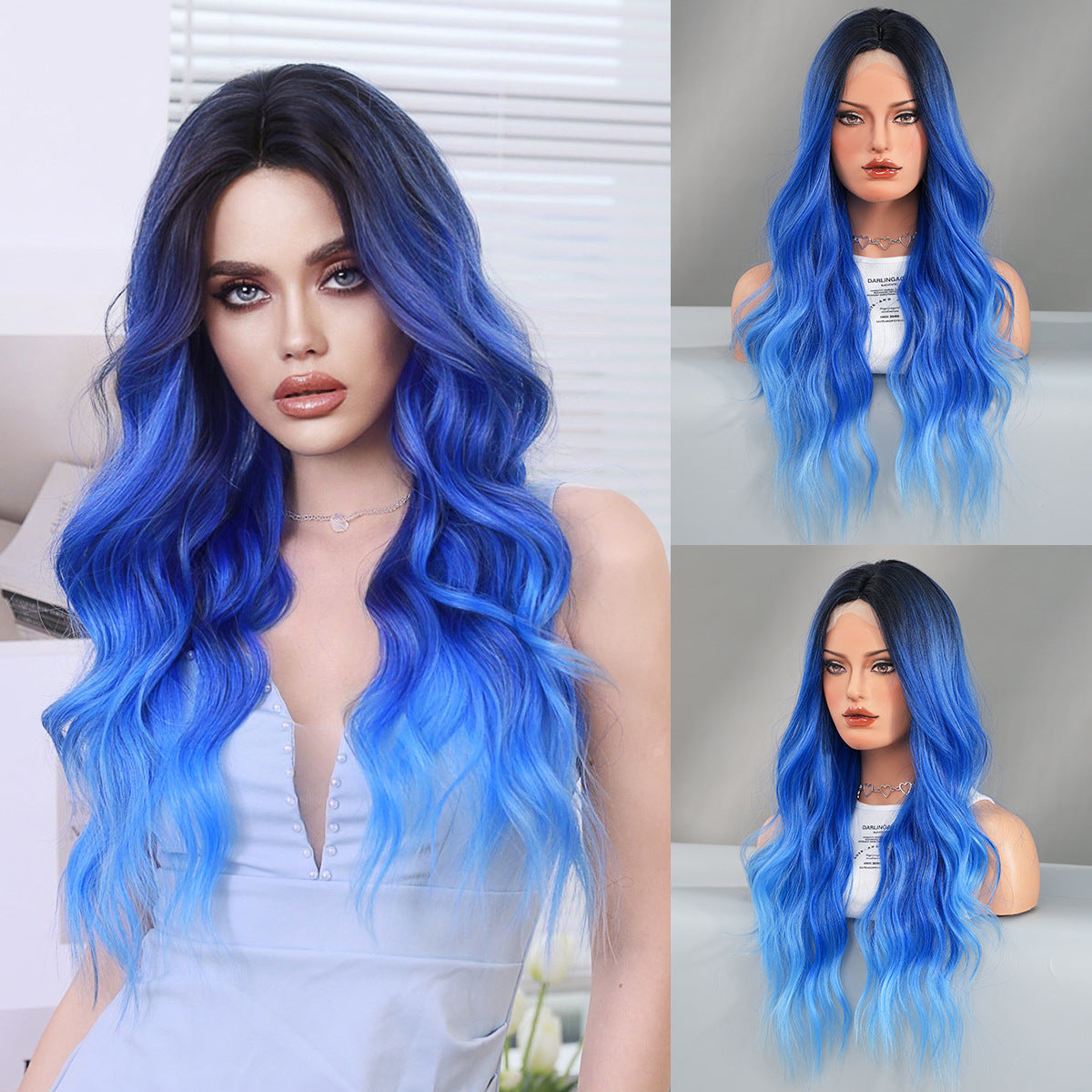 Lavender Iris Blue Gradient Lace Wig - Elite Lace Fronts (Long Wavy T-Part) (FEVERCOS)