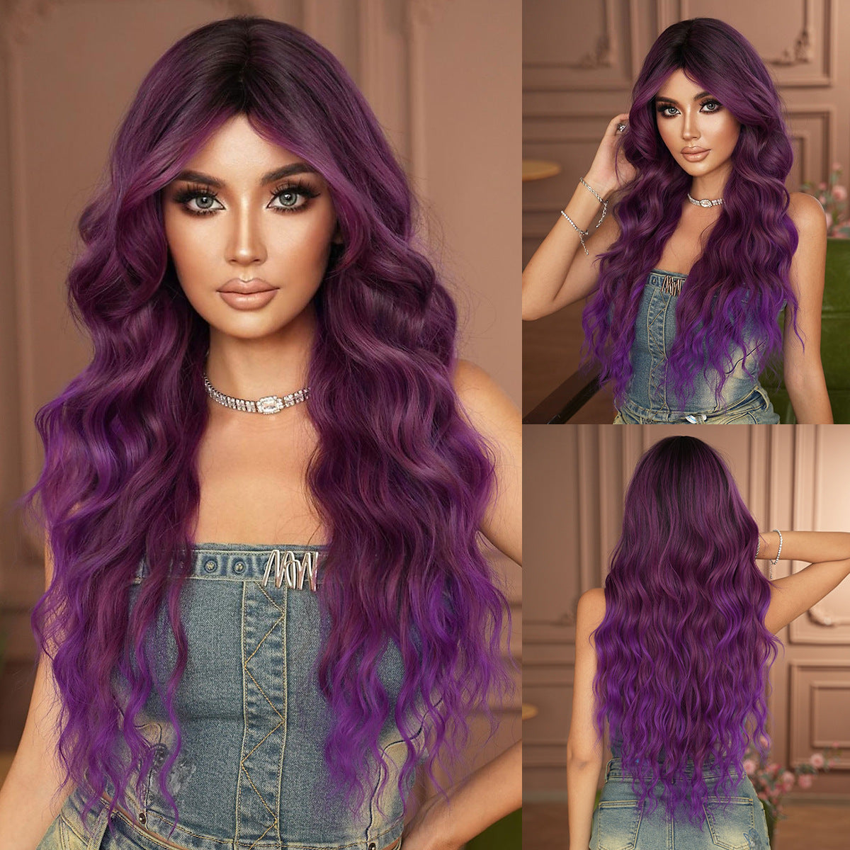 Sienna Monet Purple Gradient Wavy Wig - Artistic Collection (Curtain Bangs) (FEVERCOS)