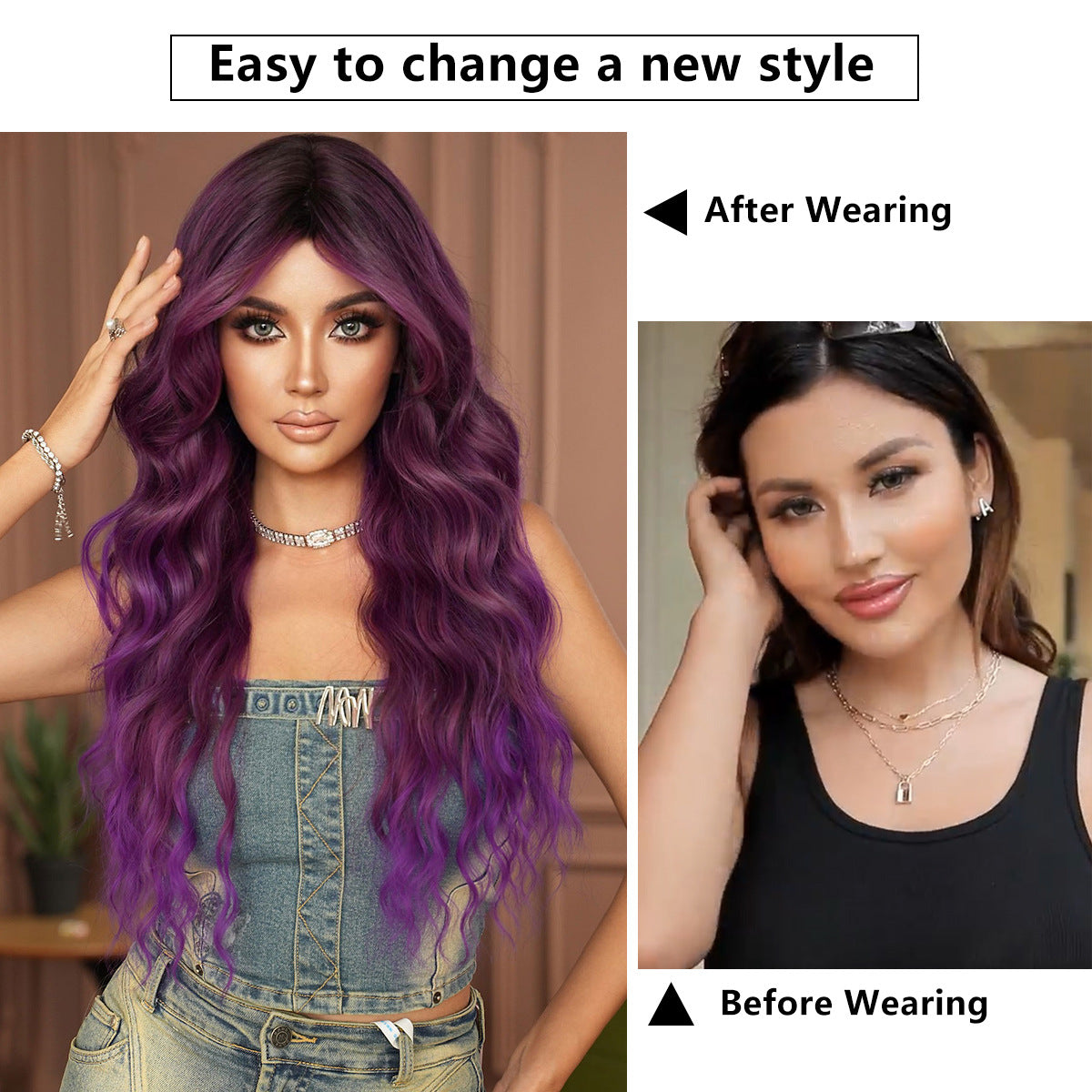 White Smoke Monet Purple Gradient Wavy Wig - Artistic Collection (Curtain Bangs) (FEVERCOS)