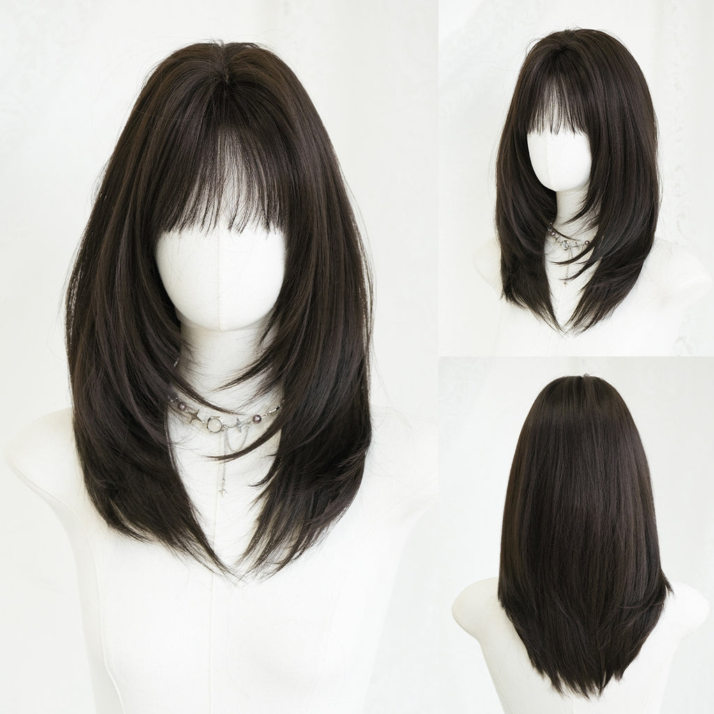 White Smoke Black Tea Shoulder-Length Straight Wig - Everyday Fashion (Layered Cut) (FEVERCOS)
