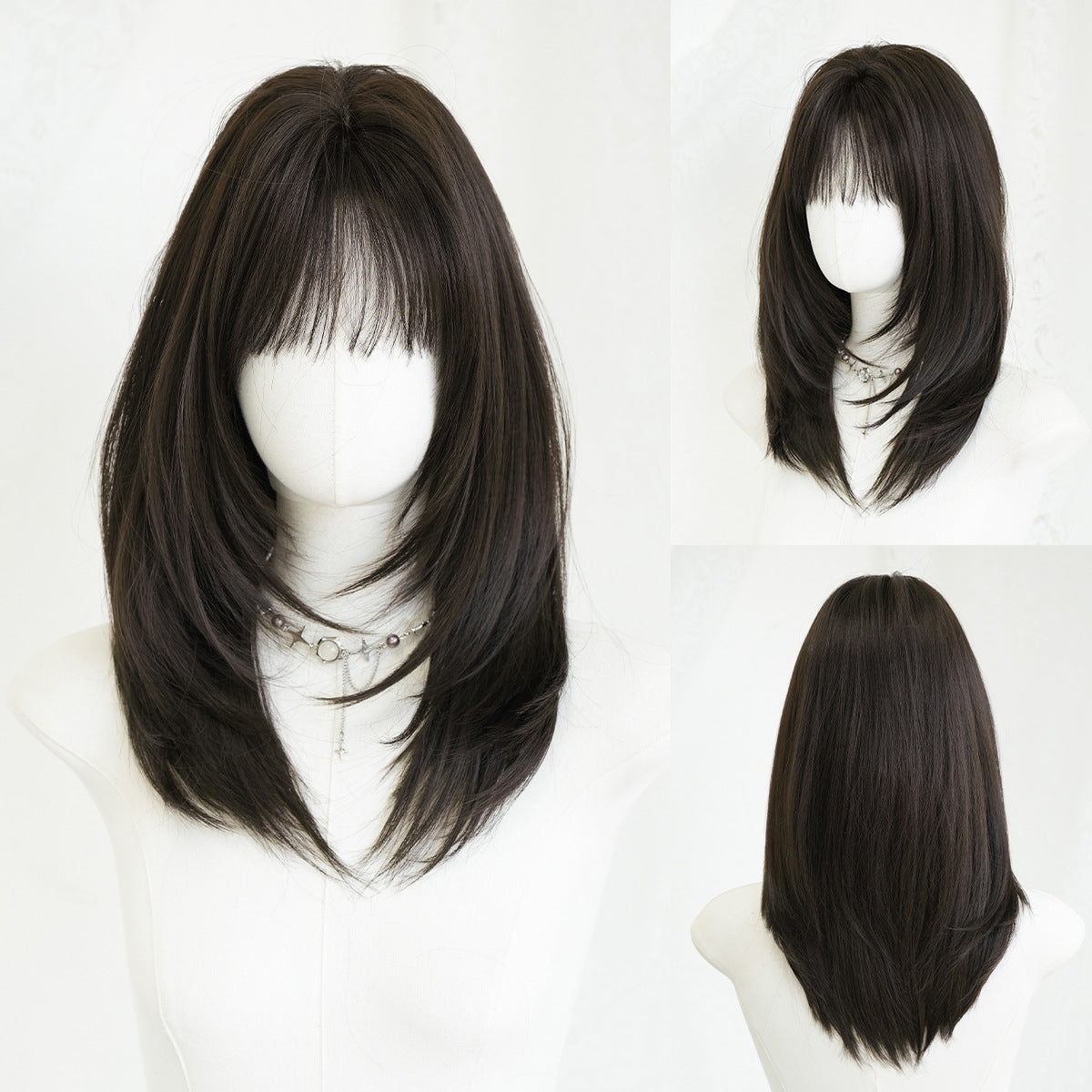 White Smoke Black Tea Shoulder-Length Straight Wig - Everyday Fashion (Layered Cut) (FEVERCOS)