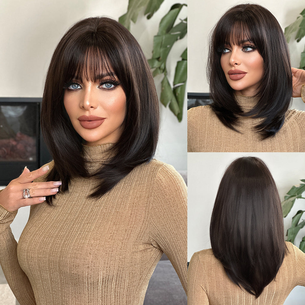 Rosy Brown Black Tea Shoulder-Length Straight Wig - Everyday Fashion (Layered Cut) (FEVERCOS)