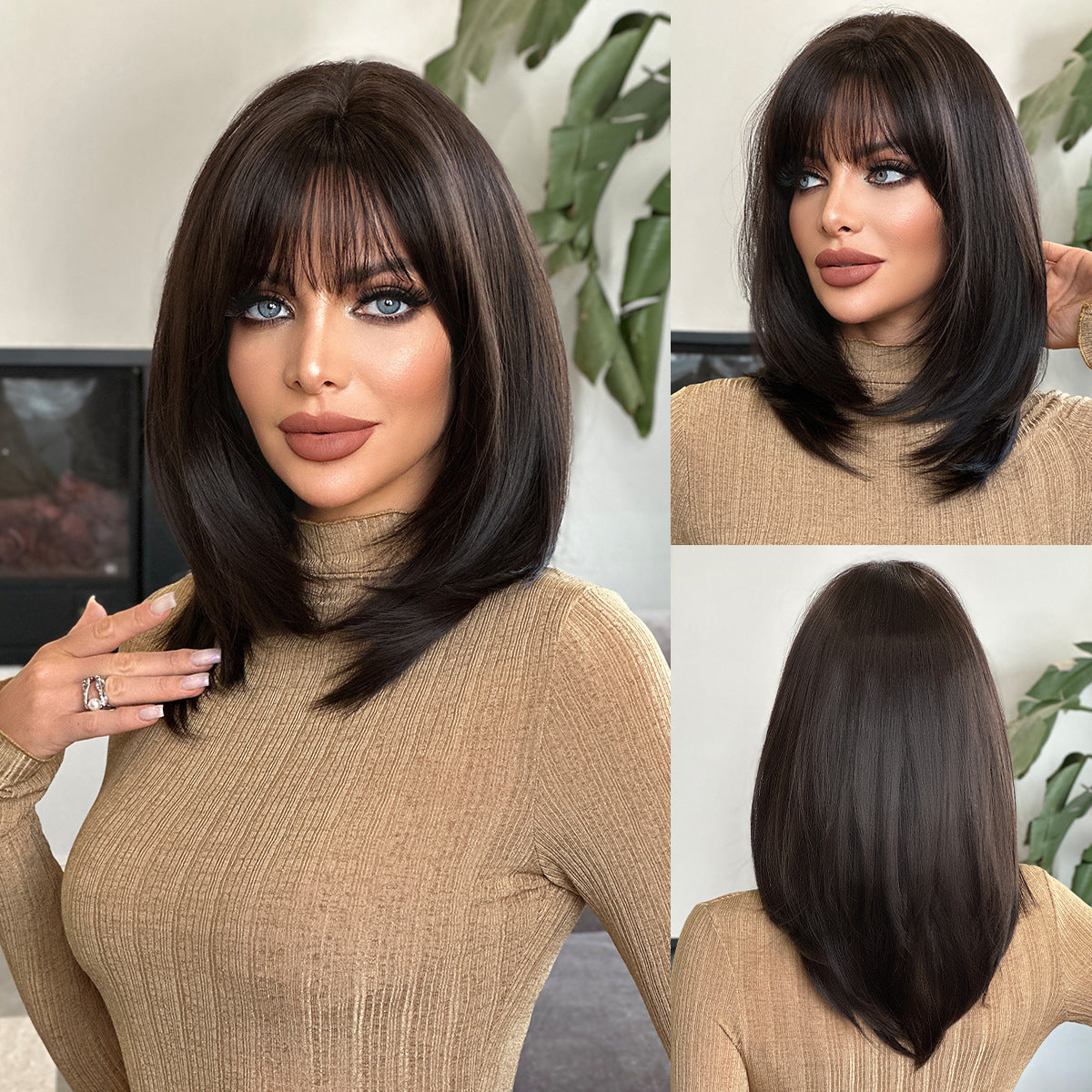 Rosy Brown Black Tea Shoulder-Length Straight Wig - Everyday Fashion (Layered Cut) (FEVERCOS)