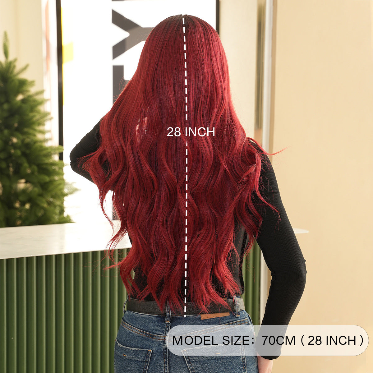 Peach Puff Rose Red Ombre Long Wavy Wig - Urban Fashion (Deep Waves) (FEVERCOS)