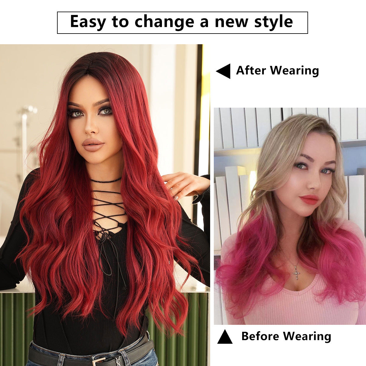 White Smoke Rose Red Ombre Long Wavy Wig - Urban Fashion (Deep Waves) (FEVERCOS)