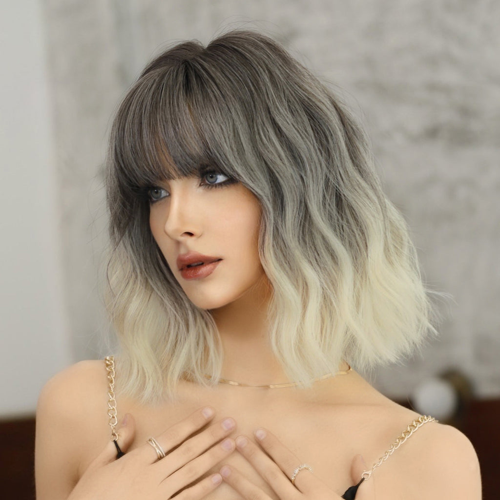 Dark Gray Silver White Balayage Short Wavy Wig - Urban Subculture (Gradient Bangs) (FEVERCOS)