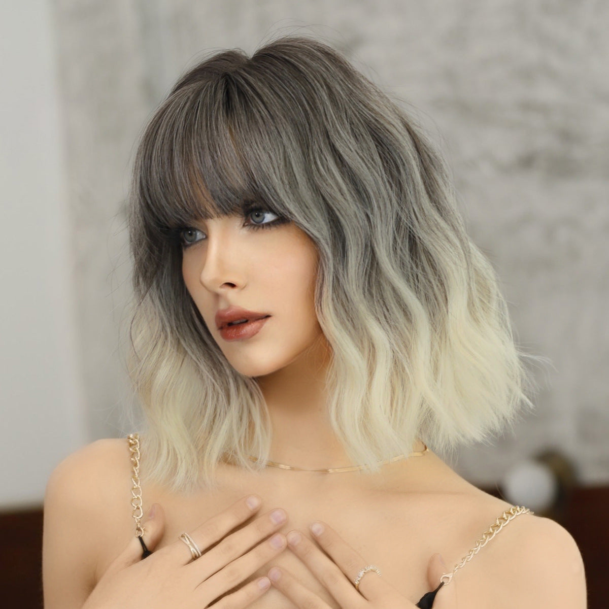 Dark Gray Silver White Balayage Short Wavy Wig - Urban Subculture (Gradient Bangs) (FEVERCOS)