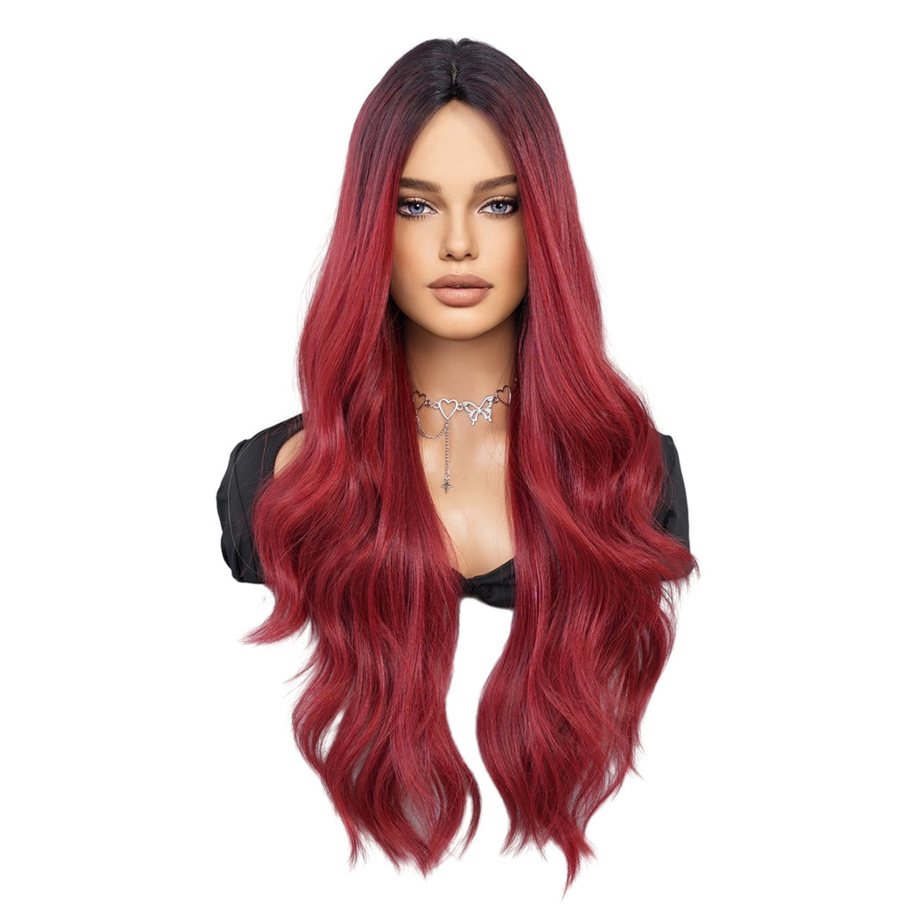White Smoke Rose Red Ombre Long Wavy Wig - Urban Fashion (Deep Waves) (FEVERCOS)