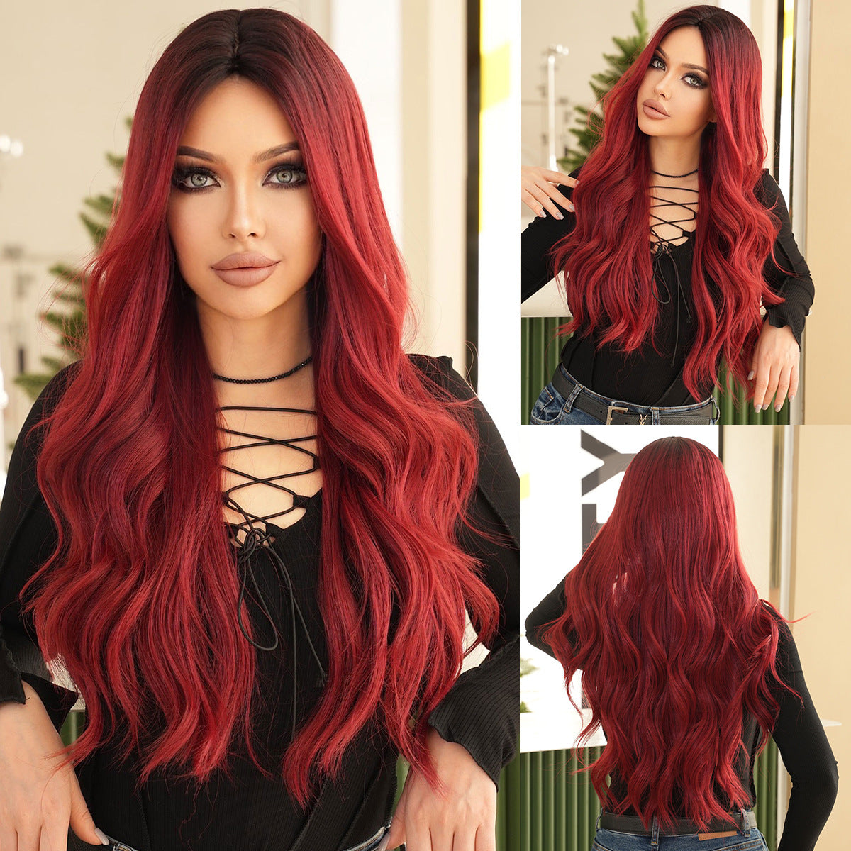 Dark Red Rose Red Ombre Long Wavy Wig - Urban Fashion (Deep Waves) (FEVERCOS)