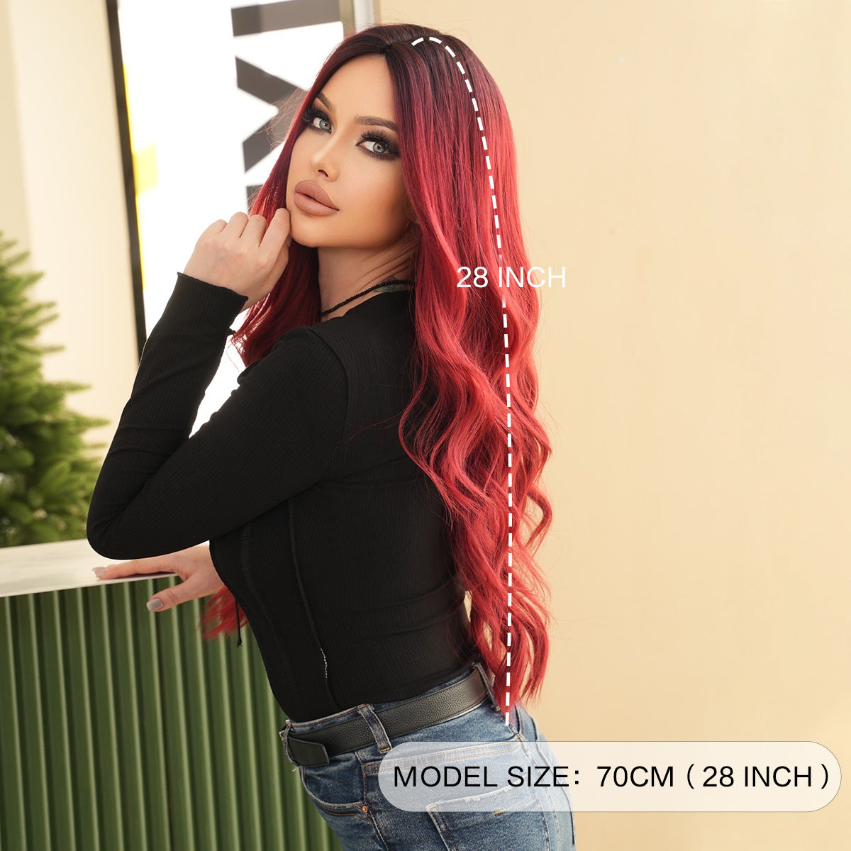 Peach Puff Rose Red Ombre Long Wavy Wig - Urban Fashion (Deep Waves) (FEVERCOS)