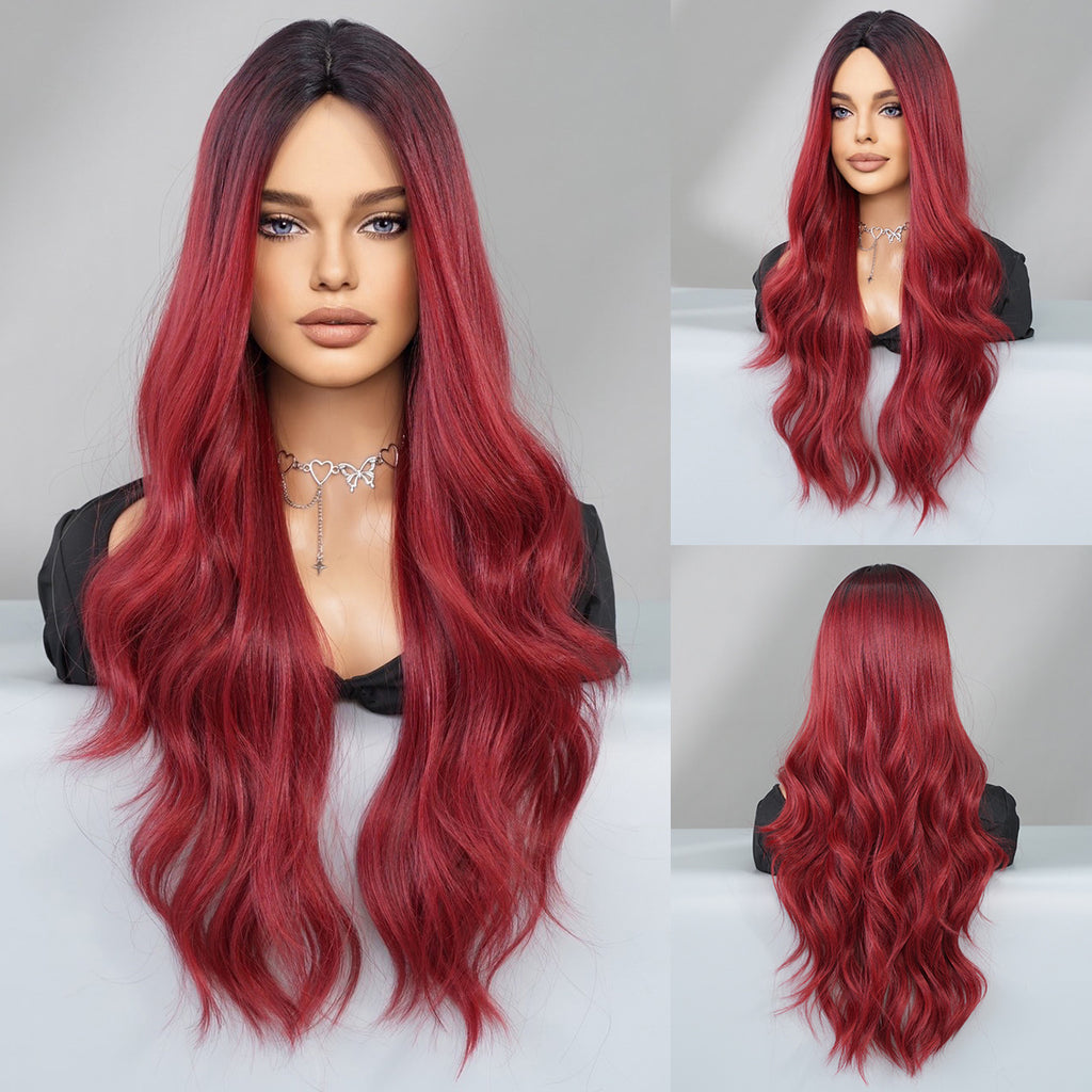 Gray Rose Red Ombre Long Wavy Wig - Urban Fashion (Deep Waves) (FEVERCOS)