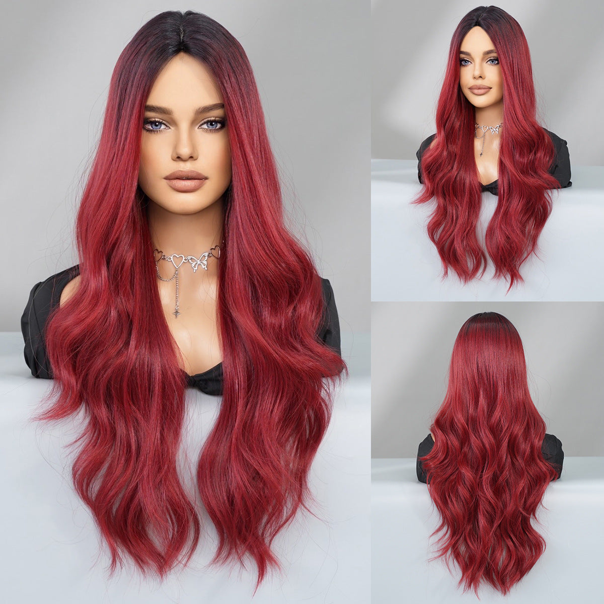 Gray Rose Red Ombre Long Wavy Wig - Urban Fashion (Deep Waves) (FEVERCOS)