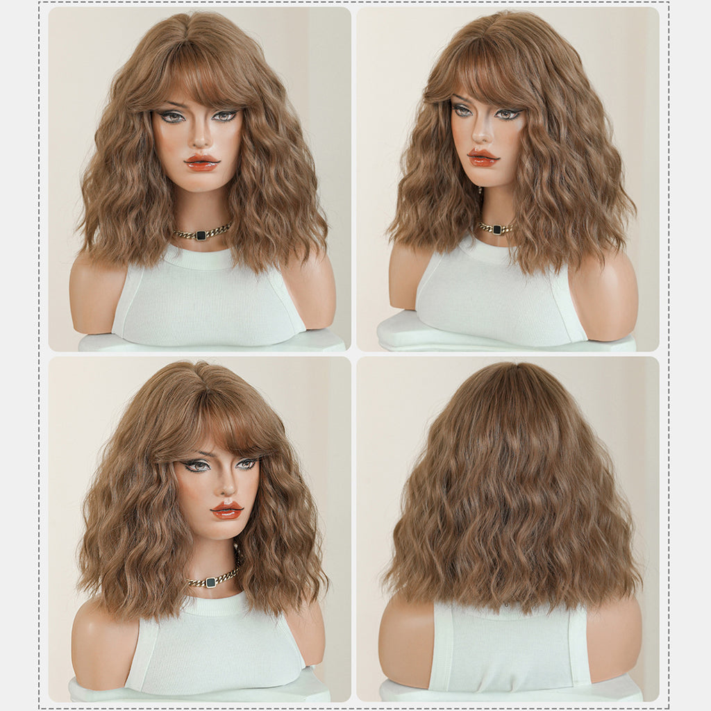 Antique White 12-Inch Brown Wavy Bob Wig - Everyday Fashion (Side Part) (FEVERCOS)
