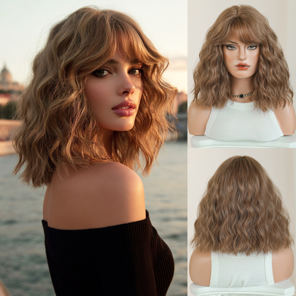 Black 12-Inch Brown Wavy Bob Wig - Everyday Fashion (Side Part) (FEVERCOS)