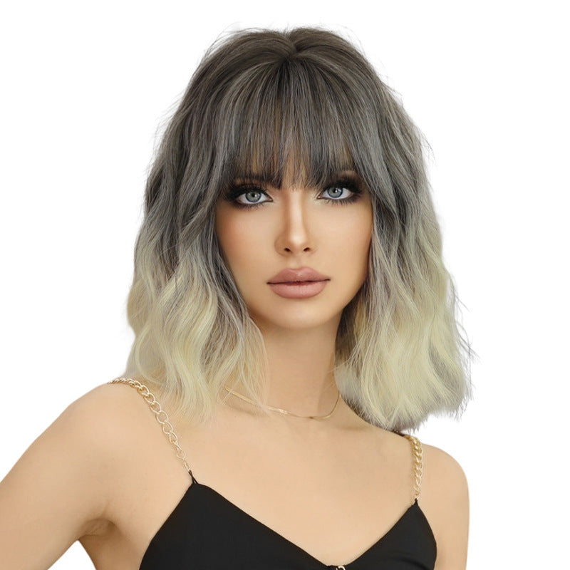 White Smoke Silver White Balayage Short Wavy Wig - Urban Subculture (Gradient Bangs) (FEVERCOS)