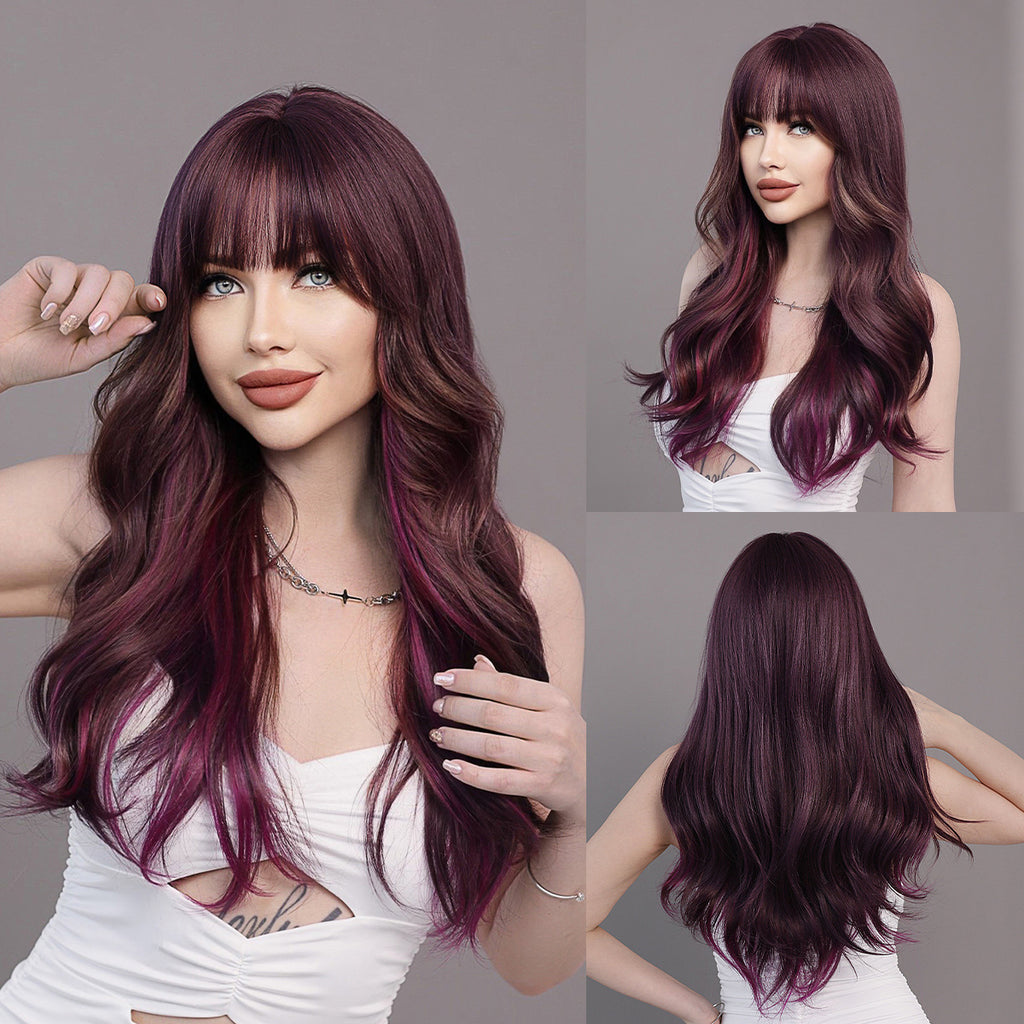 Light Slate Gray Purple Highlight Long Wavy Wig - Street Fashion (Blunt Bangs) (FEVERCOS)