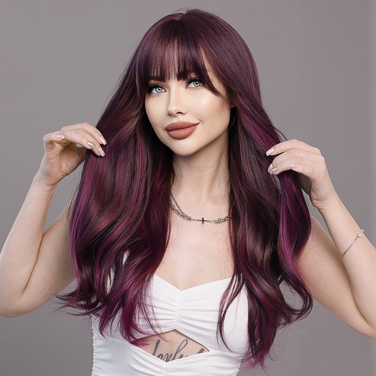 Light Slate Gray Purple Highlight Long Wavy Wig - Street Fashion (Blunt Bangs) (FEVERCOS)