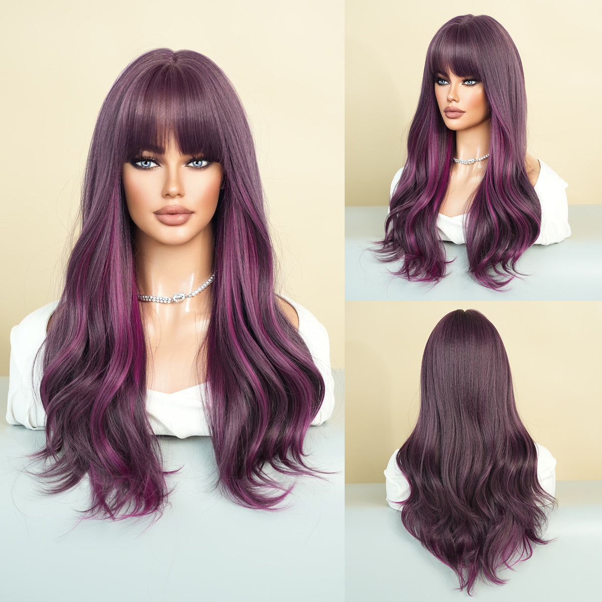 Antique White Purple Highlight Long Wavy Wig - Street Fashion (Blunt Bangs) (FEVERCOS)