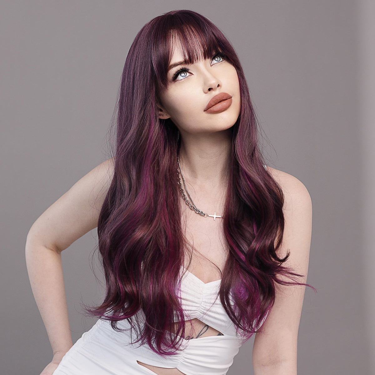 Light Slate Gray Purple Highlight Long Wavy Wig - Street Fashion (Blunt Bangs) (FEVERCOS)
