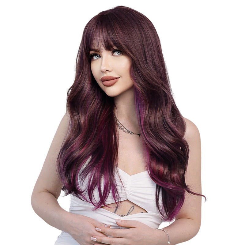 White Smoke Purple Highlight Long Wavy Wig - Street Fashion (Blunt Bangs) (FEVERCOS)