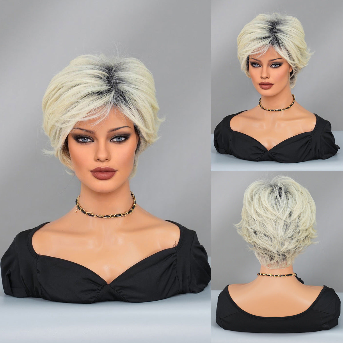 Dark Gray Platinum Grey Layered Pixie Cut Wig - Summer Collection (Gradient Roots) (FEVERCOS)
