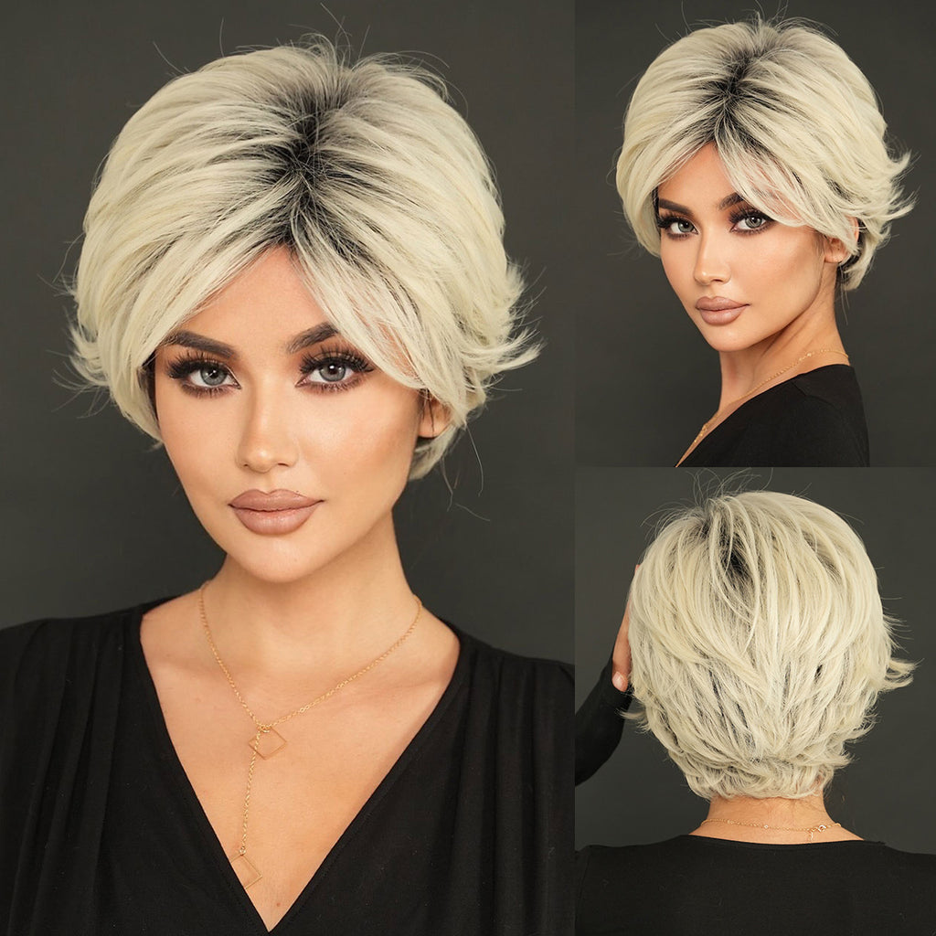 Black Platinum Grey Layered Pixie Cut Wig - Summer Collection (Gradient Roots) (FEVERCOS)