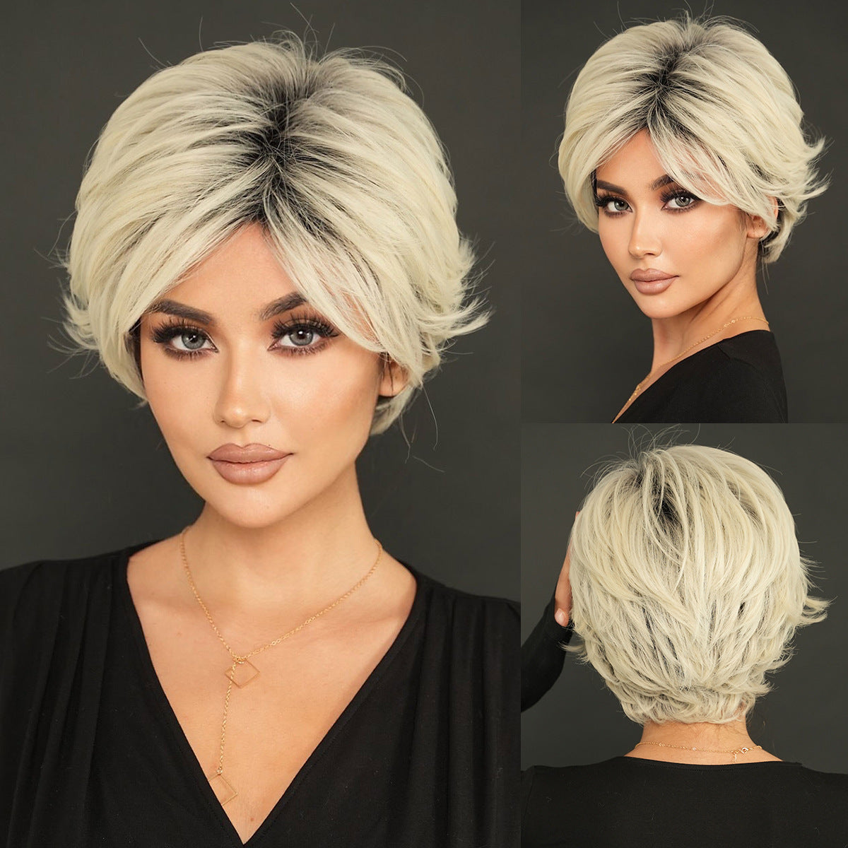 Black Platinum Grey Layered Pixie Cut Wig - Summer Collection (Gradient Roots) (FEVERCOS)