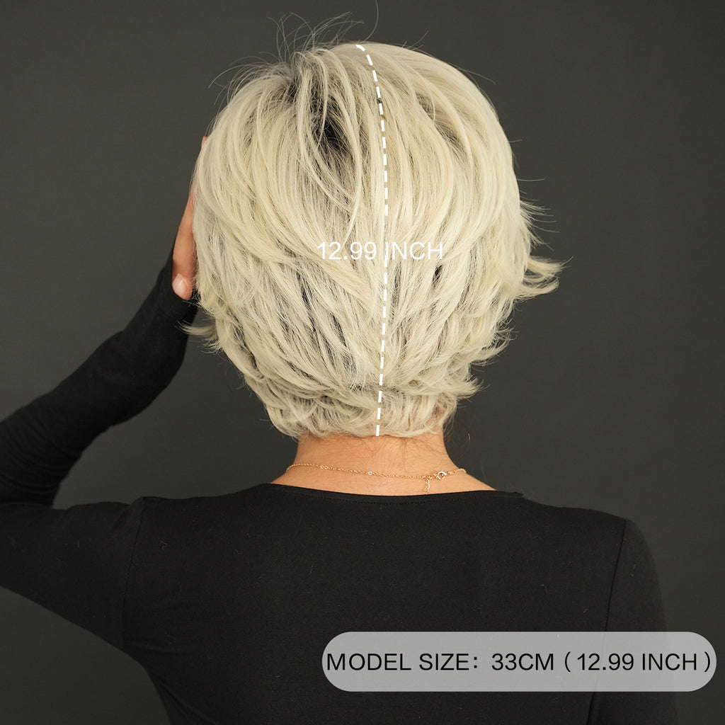 Dark Slate Gray Platinum Grey Layered Pixie Cut Wig - Summer Collection (Gradient Roots) (FEVERCOS)