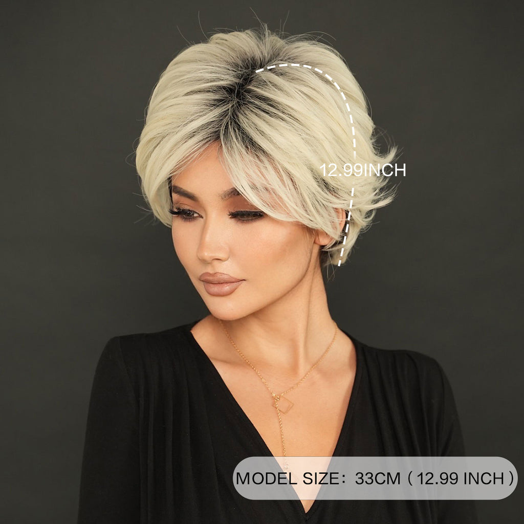 Dark Slate Gray Platinum Grey Layered Pixie Cut Wig - Summer Collection (Gradient Roots) (FEVERCOS)
