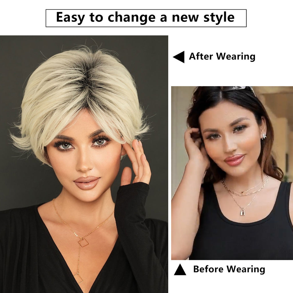 White Smoke Platinum Grey Layered Pixie Cut Wig - Summer Collection (Gradient Roots) (FEVERCOS)