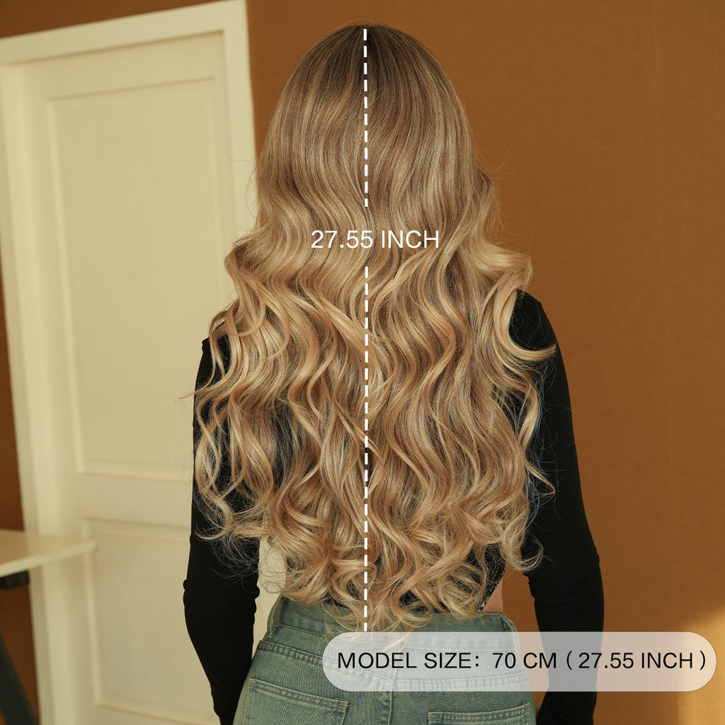 Sienna Golden Gradient Long Wavy Wig - Everyday Fashion (Dark Roots Air Bangs) (FEVERCOS)