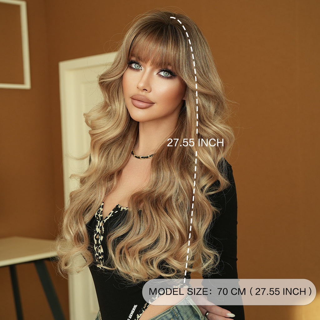 Sienna Golden Gradient Long Wavy Wig - Everyday Fashion (Dark Roots Air Bangs) (FEVERCOS)