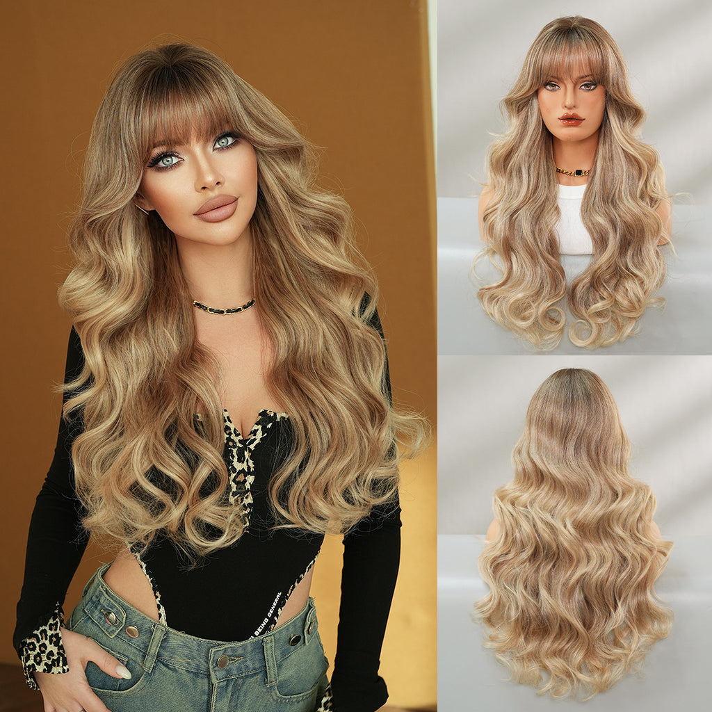 Sienna Golden Gradient Long Wavy Wig - Everyday Fashion (Dark Roots Air Bangs) (FEVERCOS)