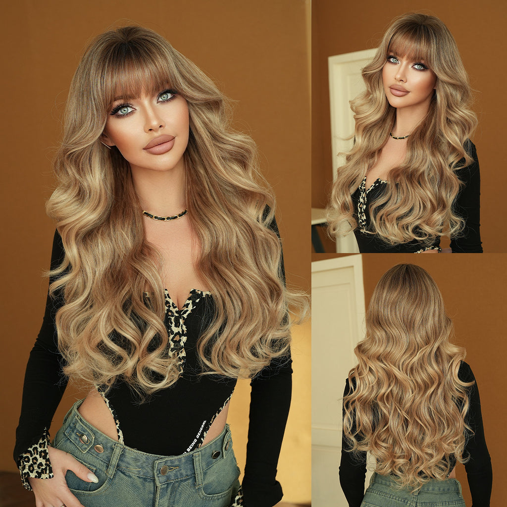 Sienna Golden Gradient Long Wavy Wig - Everyday Fashion (Dark Roots Air Bangs) (FEVERCOS)