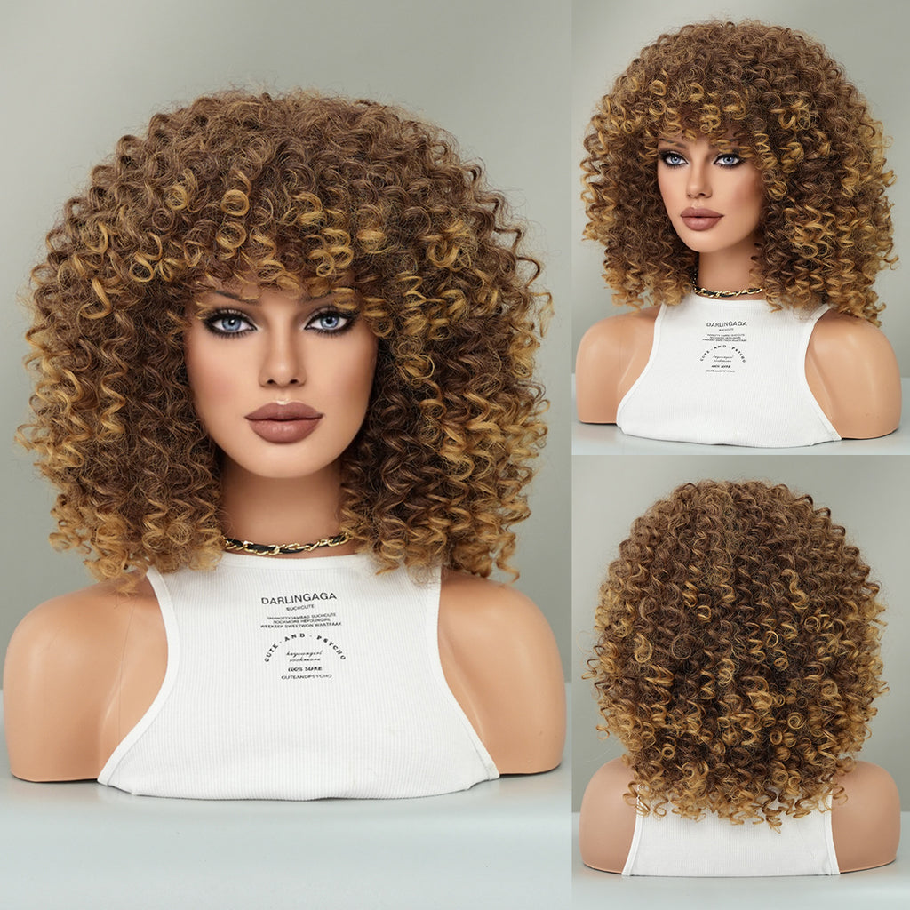 Dark Olive Green Honey Golden Brown Spring Curl Wig - Street Fashion (Short Afro Bangs) (FEVERCOS)