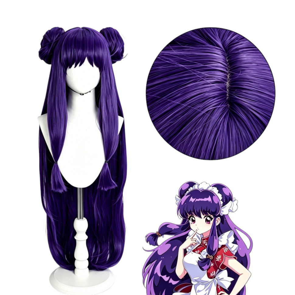 White Smoke Shampoo Cosplay Wig - Ranma 1/2 (Purple Twin Buns Long) (FEVERCOS)