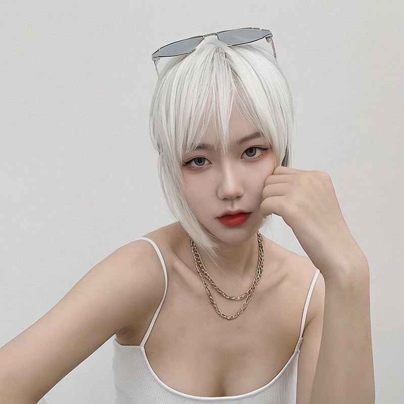 Light Gray Stark White Wolf Cut Mullet Wig - K-Style Collection (Unisex Short Straight) (FEVERCOS)