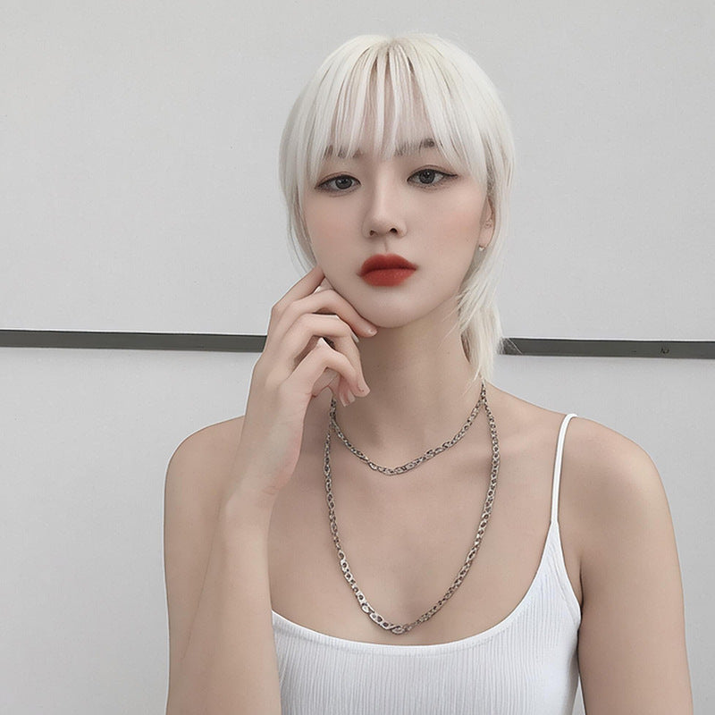 Gray Stark White Wolf Cut Mullet Wig - K-Style Collection (Unisex Short Straight) (FEVERCOS)