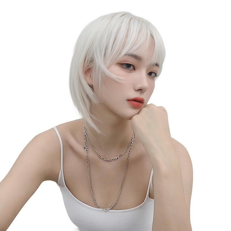White Smoke Stark White Wolf Cut Mullet Wig - K-Style Collection (Unisex Short Straight) (FEVERCOS)