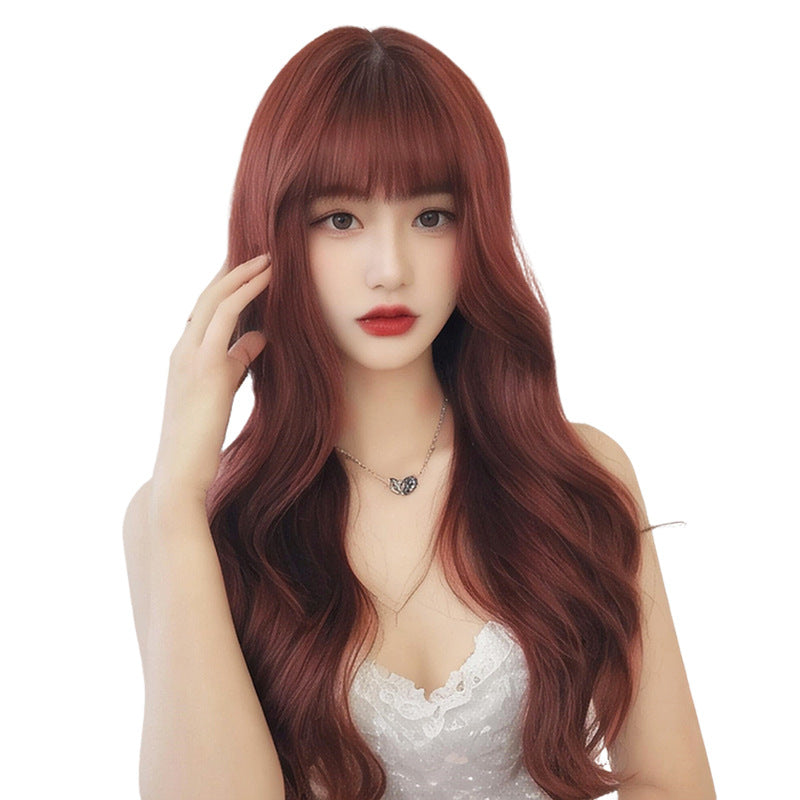 Ruby Wine Red Large Wave Wig - Korean Idol Style (Long Bangs) (FEVERCOS)