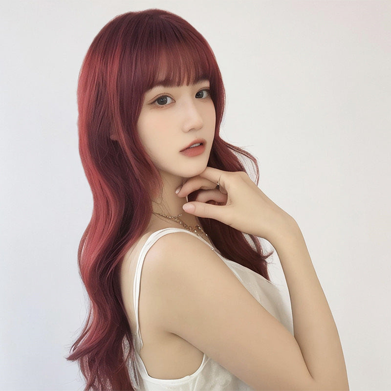 Ruby Wine Red Large Wave Wig - Korean Idol Style (Long Bangs) (FEVERCOS)