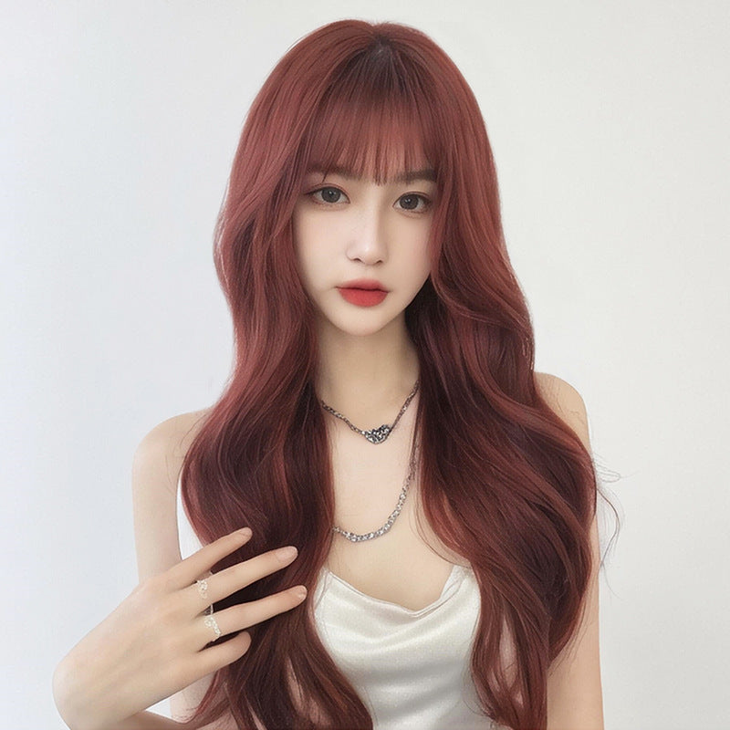 Ruby Wine Red Large Wave Wig - Korean Idol Style (Long Bangs) (FEVERCOS)