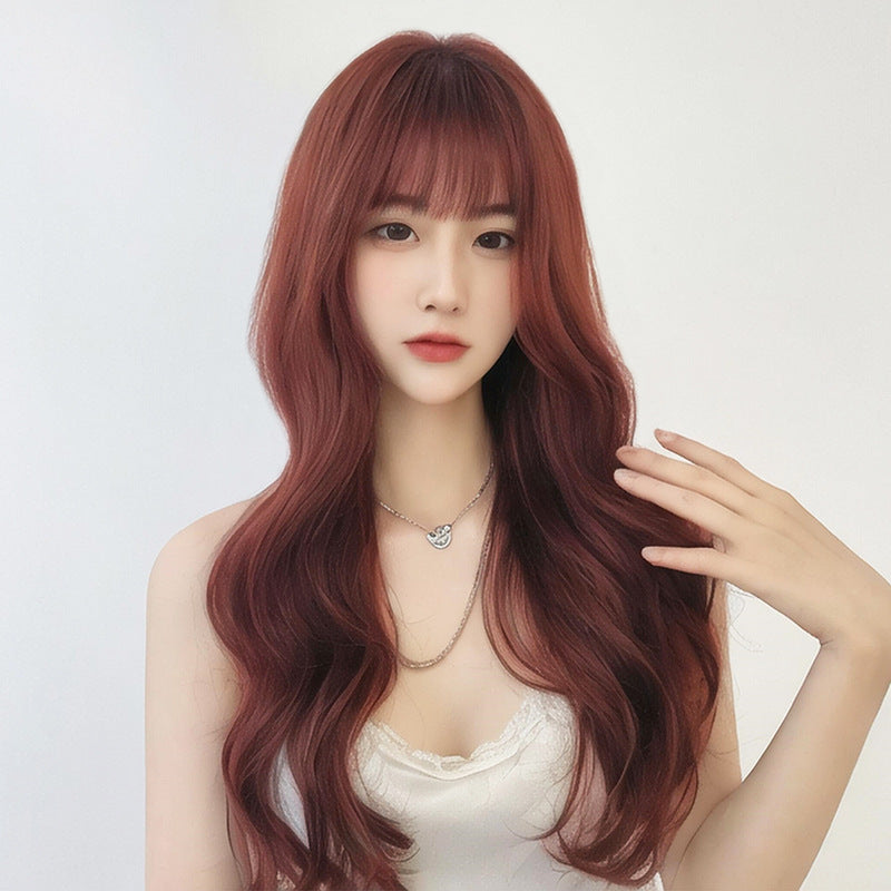 Ruby Wine Red Large Wave Wig - Korean Idol Style (Long Bangs) (FEVERCOS)