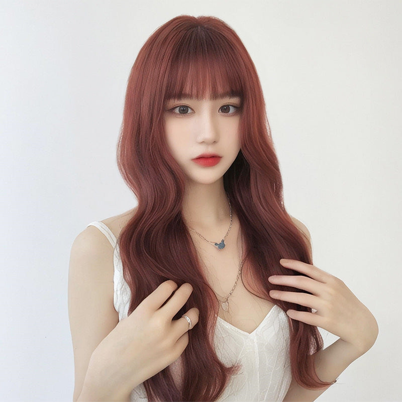 Ruby Wine Red Large Wave Wig - Korean Idol Style (Long Bangs) (FEVERCOS)