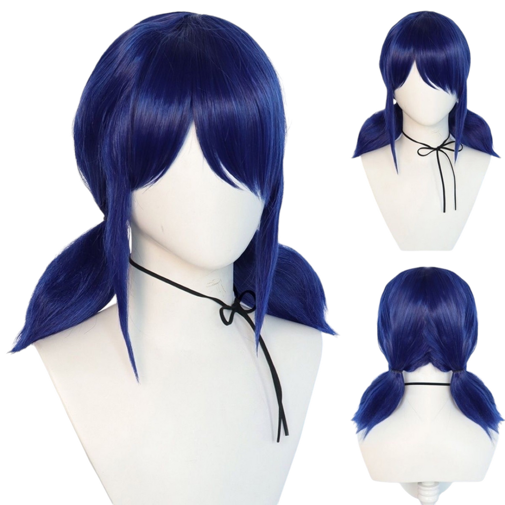 White Smoke Marinette Cosplay Wig - Miraculous Ladybug (Deep Blue Crimped Twin Tails) (FEVERCOS)