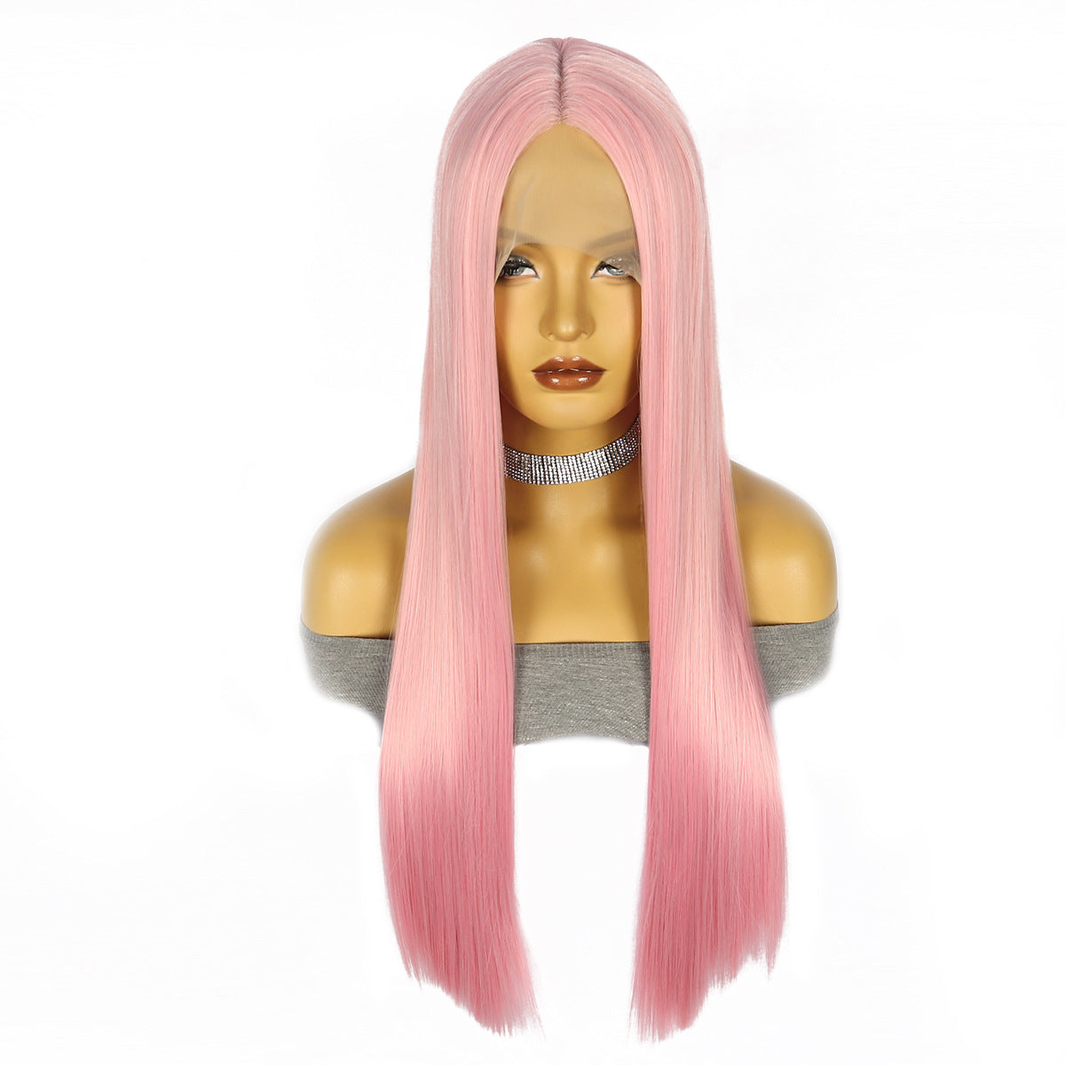 White Smoke Bubblegum Pink Straight Lace Wig - Cyberpunk Siren (Middle Part) (FEVERCOS)