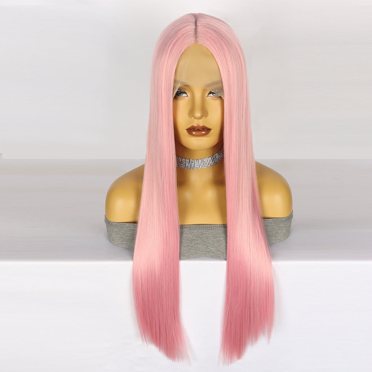 Light Gray Bubblegum Pink Straight Lace Wig - Cyberpunk Siren (Middle Part) (FEVERCOS)
