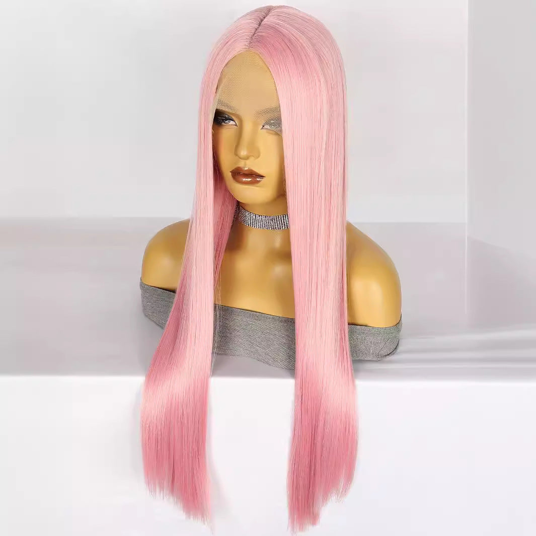 Light Gray Bubblegum Pink Straight Lace Wig - Cyberpunk Siren (Middle Part) (FEVERCOS)