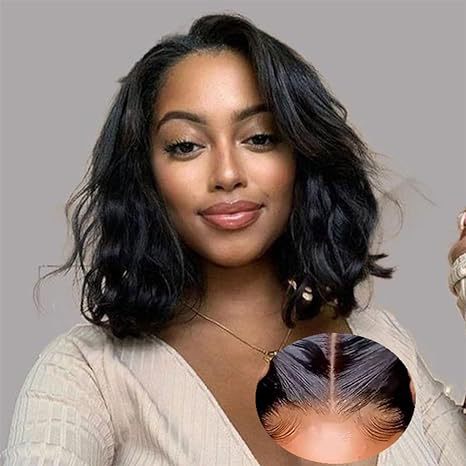 Dark Gray Onyx Wavy Bob Lace Wig - Metropolis Chic (Middle Part Short) (FEVERCOS)